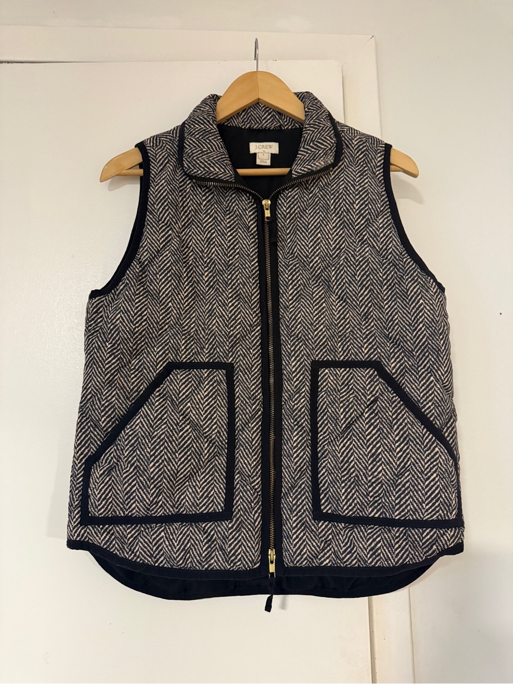J. Crew Navy and White Herringbone Quilted Zip Vest